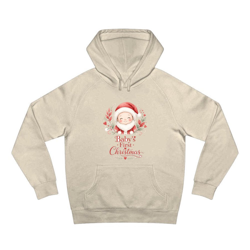 Baby Santa Wreath personalised Christmas hoodie in sand