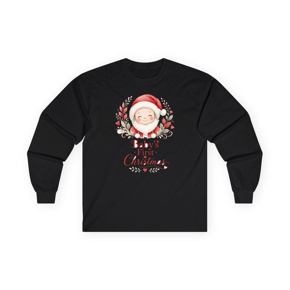 Baby Santa Wreath personalised long sleeve Christmas T-shirt in black