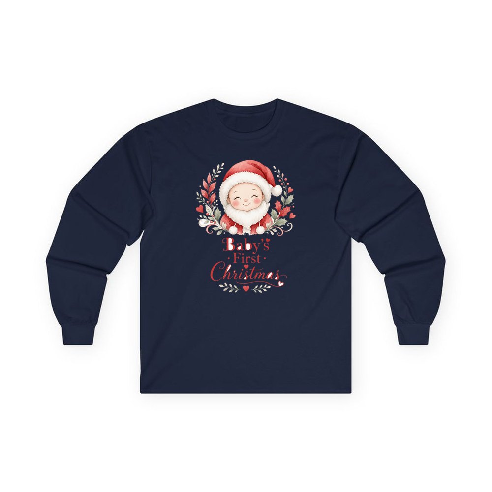 Baby Santa Wreath personalised long sleeve Christmas T-shirt in navy