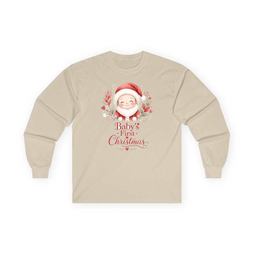 Baby Santa Wreath personalised long sleeve Christmas T-shirt in sand
