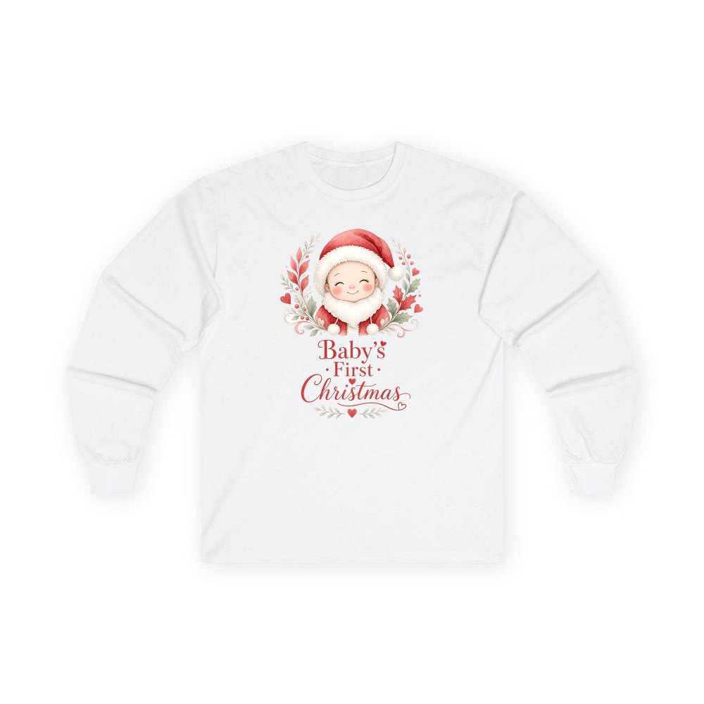 Baby Santa Wreath personalised long sleeve Christmas T-shirt in white