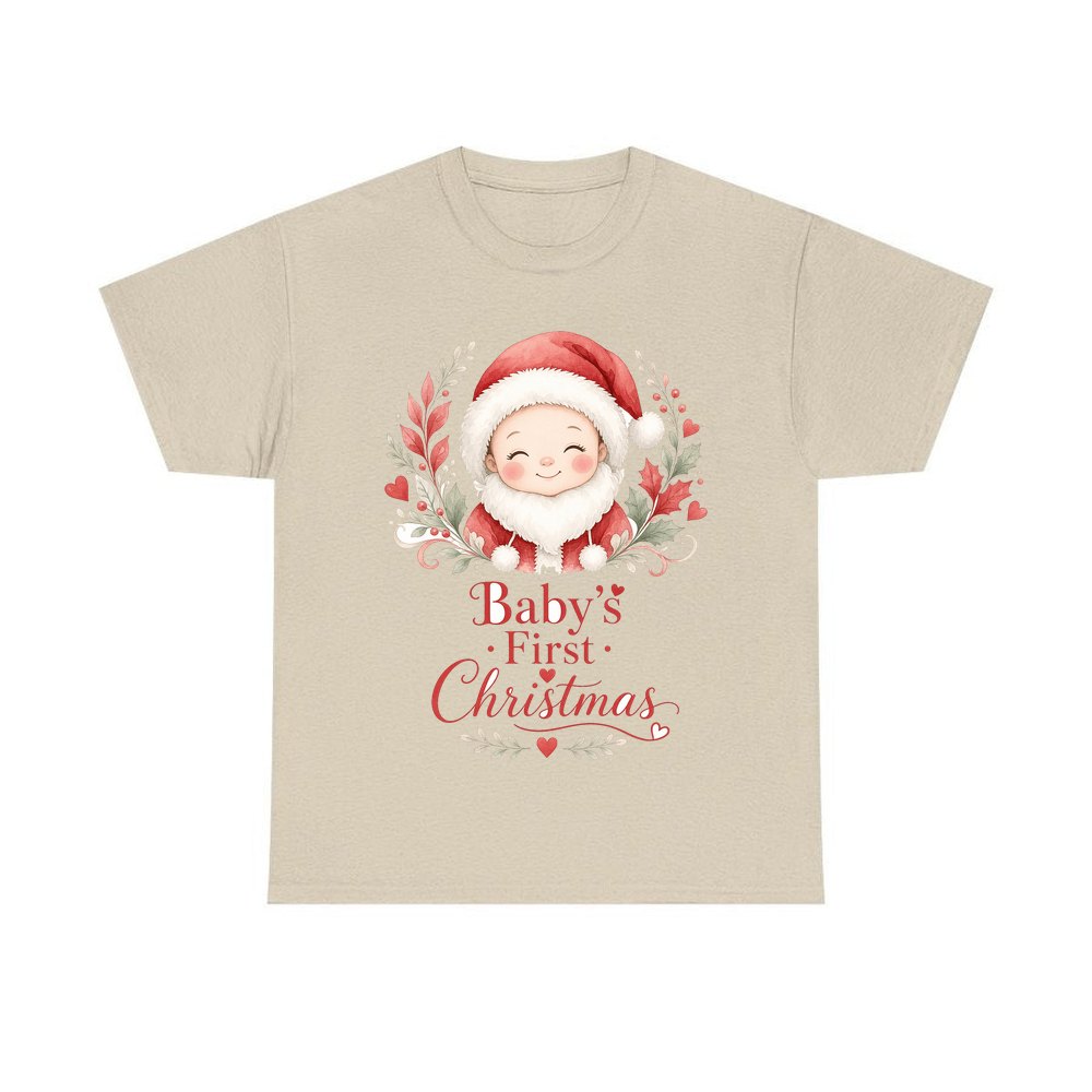Baby Santa Wreath personalised Christmas T-shirt in sand