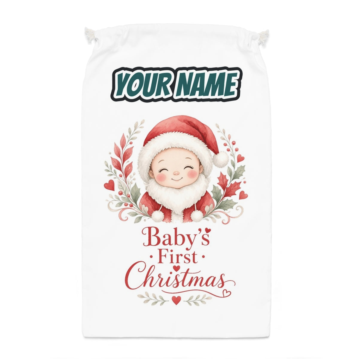 Baby Santa Wreath Santa sack laid flat, showing the full print