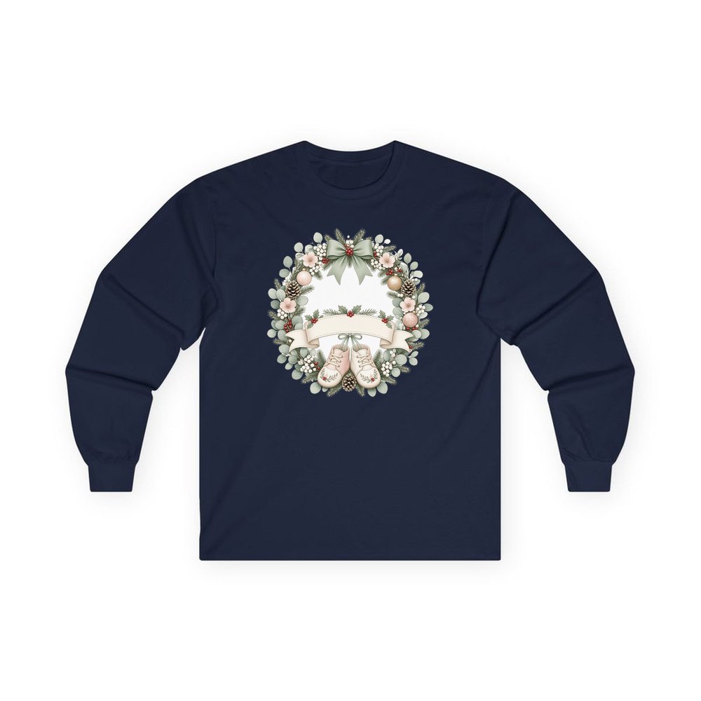 Baby Wreath With Blank Banner personalised long sleeve Christmas T-shirt in navy