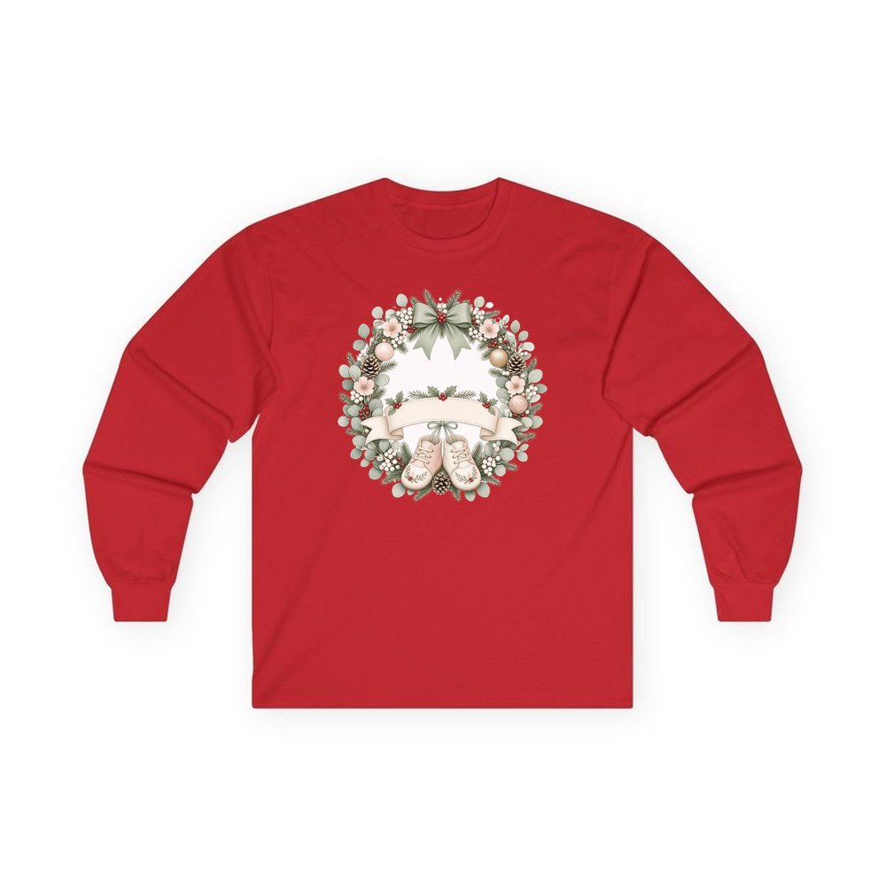 Baby Wreath With Blank Banner personalised long sleeve Christmas T-shirt in red