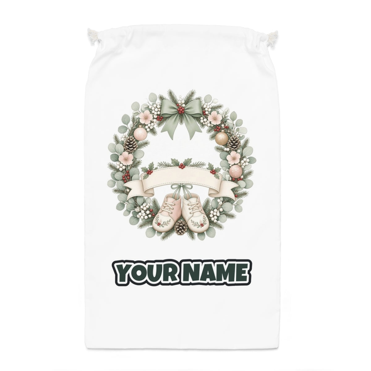 Baby Wreath With Blank Banner Santa sack laid flat, showing the full print