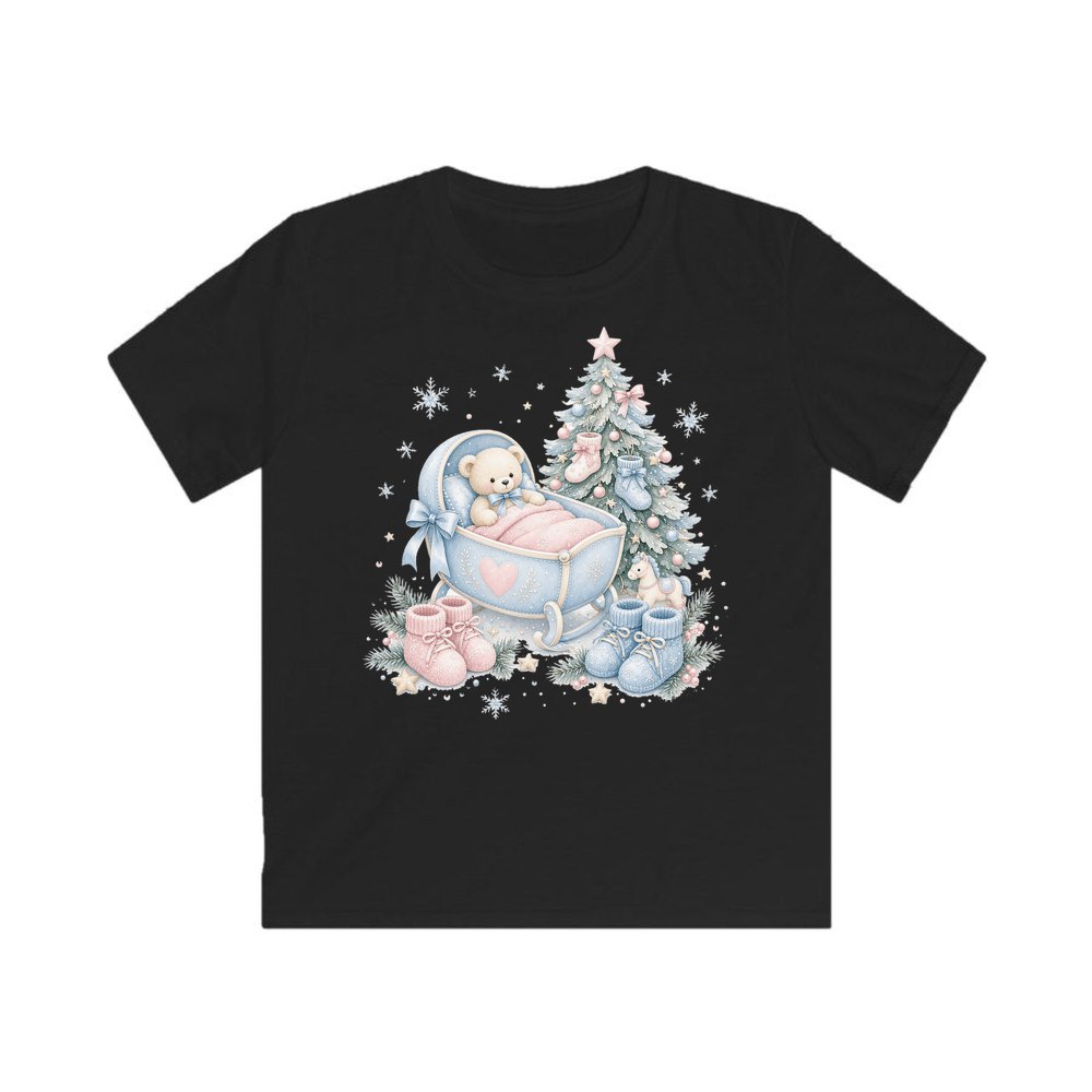 Baby's First Christmas Cot and Tree personalised kids Christmas tee in black