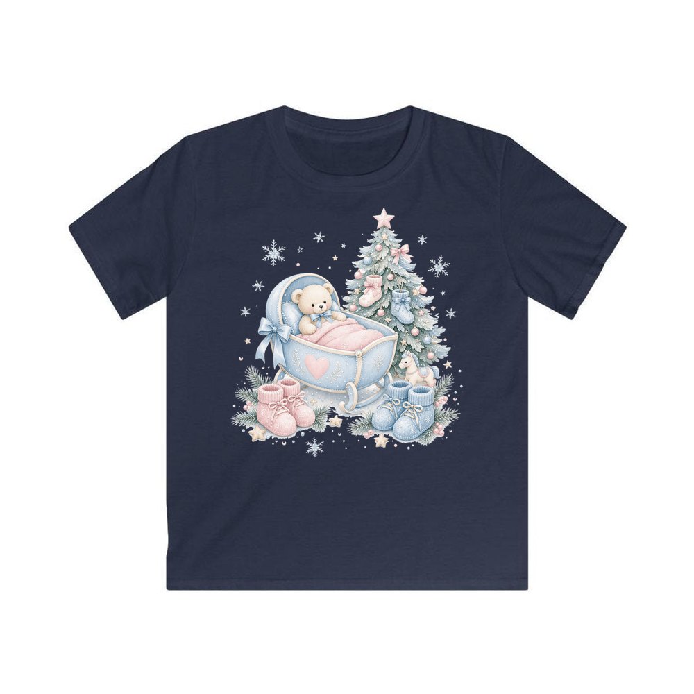 Baby's First Christmas Cot and Tree personalised kids Christmas tee in navy