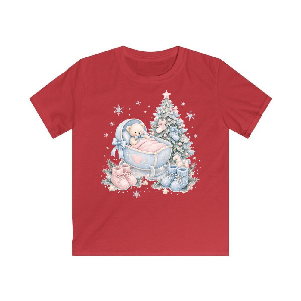 Baby's First Christmas Cot and Tree personalised kids Christmas tee in red