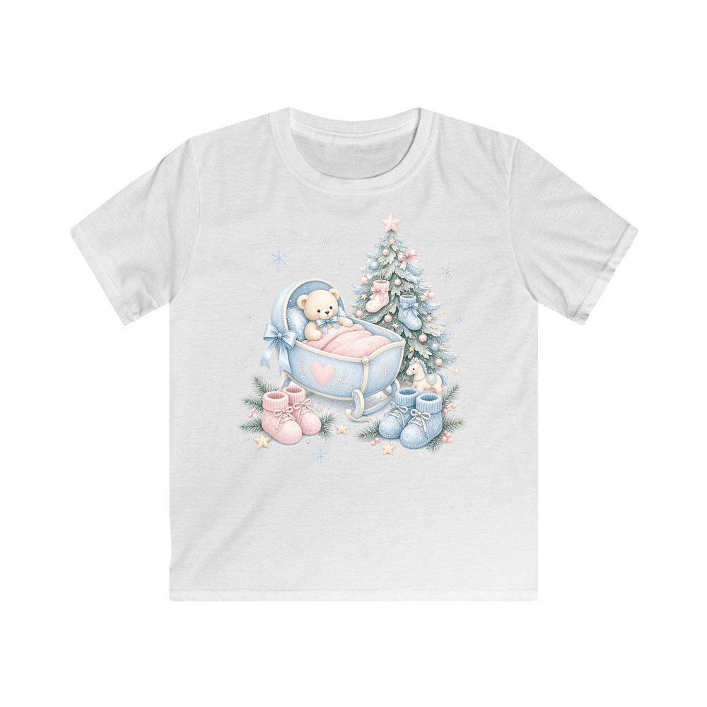 Baby's First Christmas Cot and Tree personalised kids Christmas tee in white