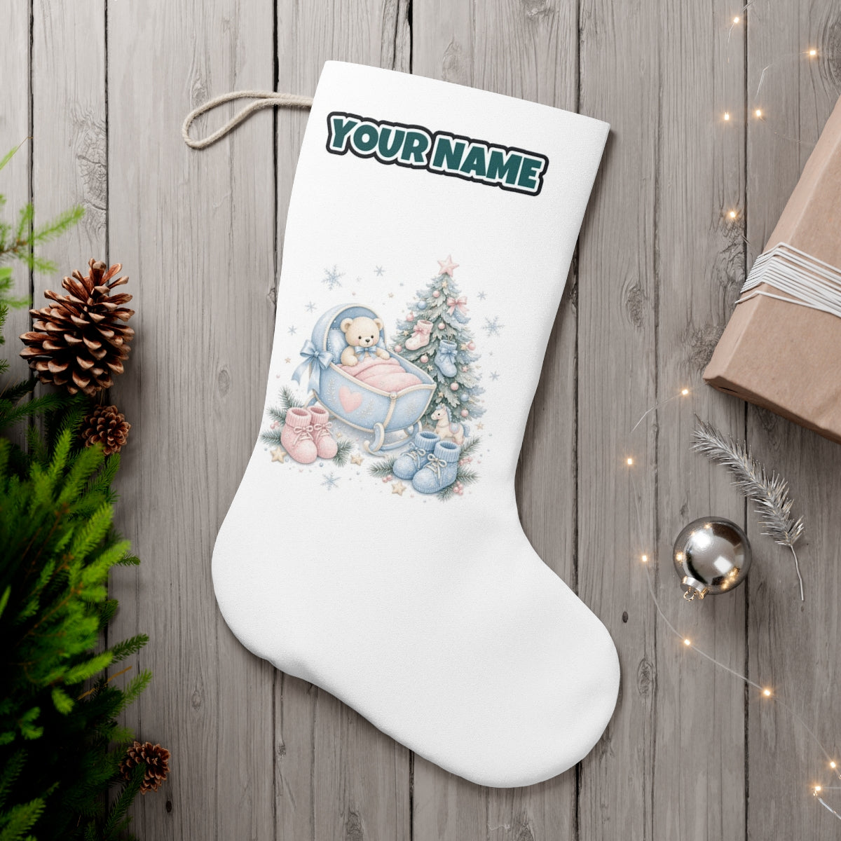Baby's First Christmas Cot and Tree personalised Christmas stocking, white, with the name across the top