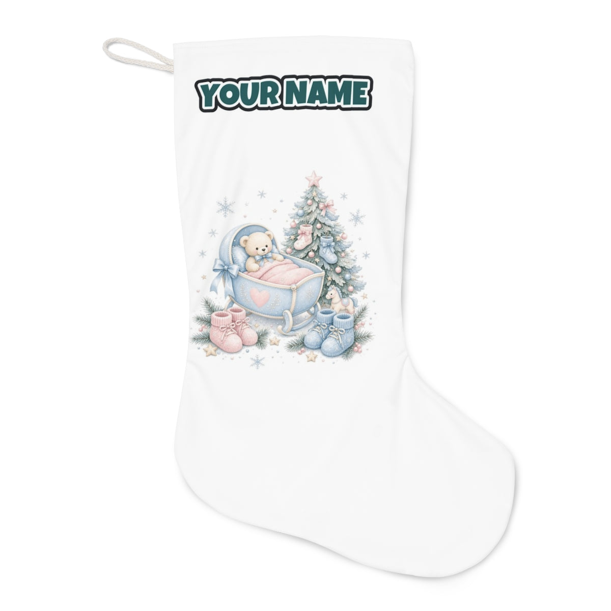 Baby's First Christmas Cot and Tree Christmas stocking laid flat, showing the full print