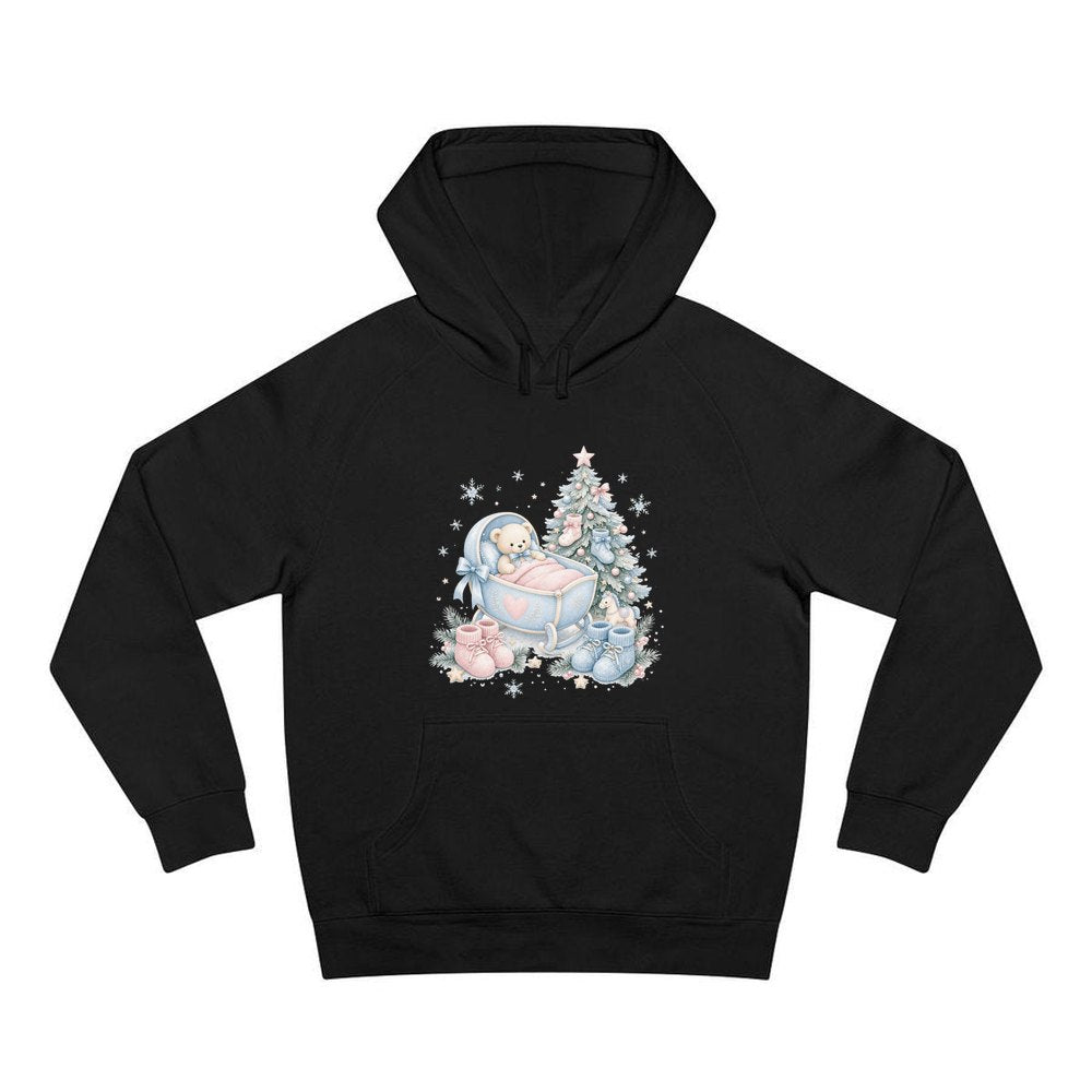 Baby's First Christmas Cot and Tree personalised Christmas hoodie in black