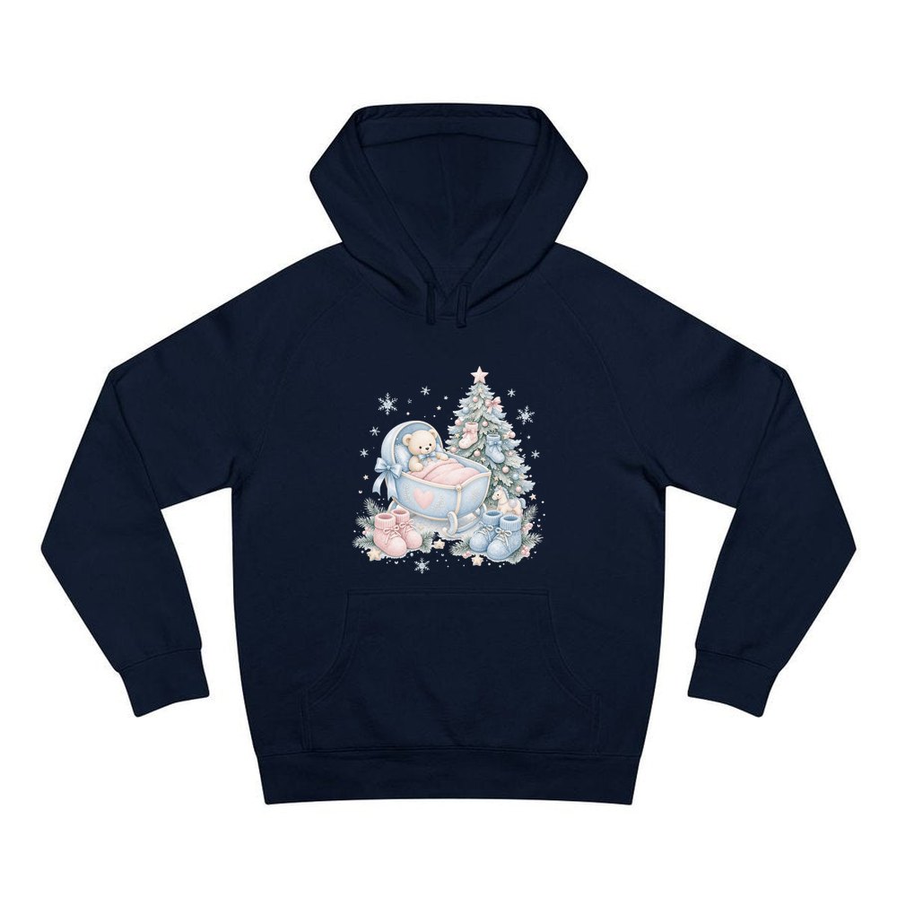 Baby's First Christmas Cot and Tree personalised Christmas hoodie in navy