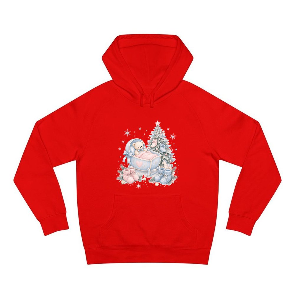 Baby's First Christmas Cot and Tree personalised Christmas hoodie in red