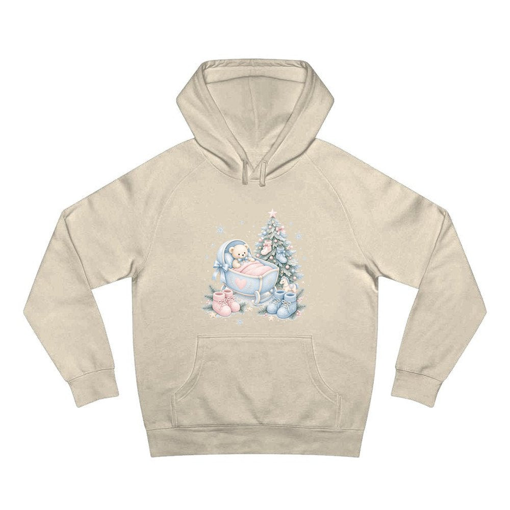 Baby's First Christmas Cot and Tree personalised Christmas hoodie in sand