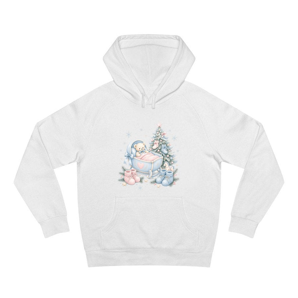 Baby's First Christmas Cot and Tree personalised Christmas hoodie in white