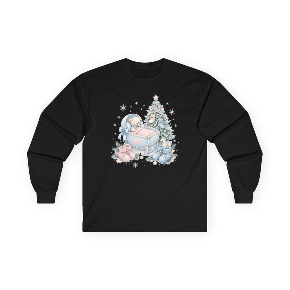 Baby's First Christmas Cot and Tree personalised long sleeve Christmas T-shirt in black