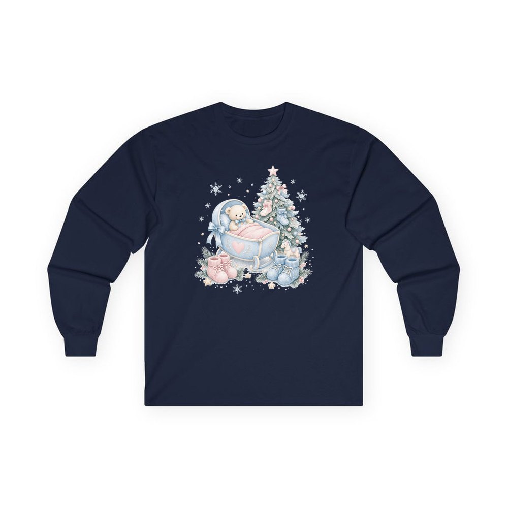 Baby's First Christmas Cot and Tree personalised long sleeve Christmas T-shirt in navy