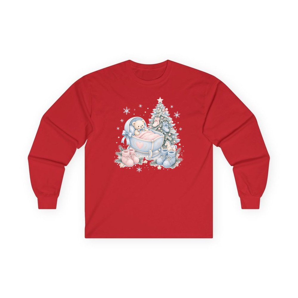 Baby's First Christmas Cot and Tree personalised long sleeve Christmas T-shirt in red