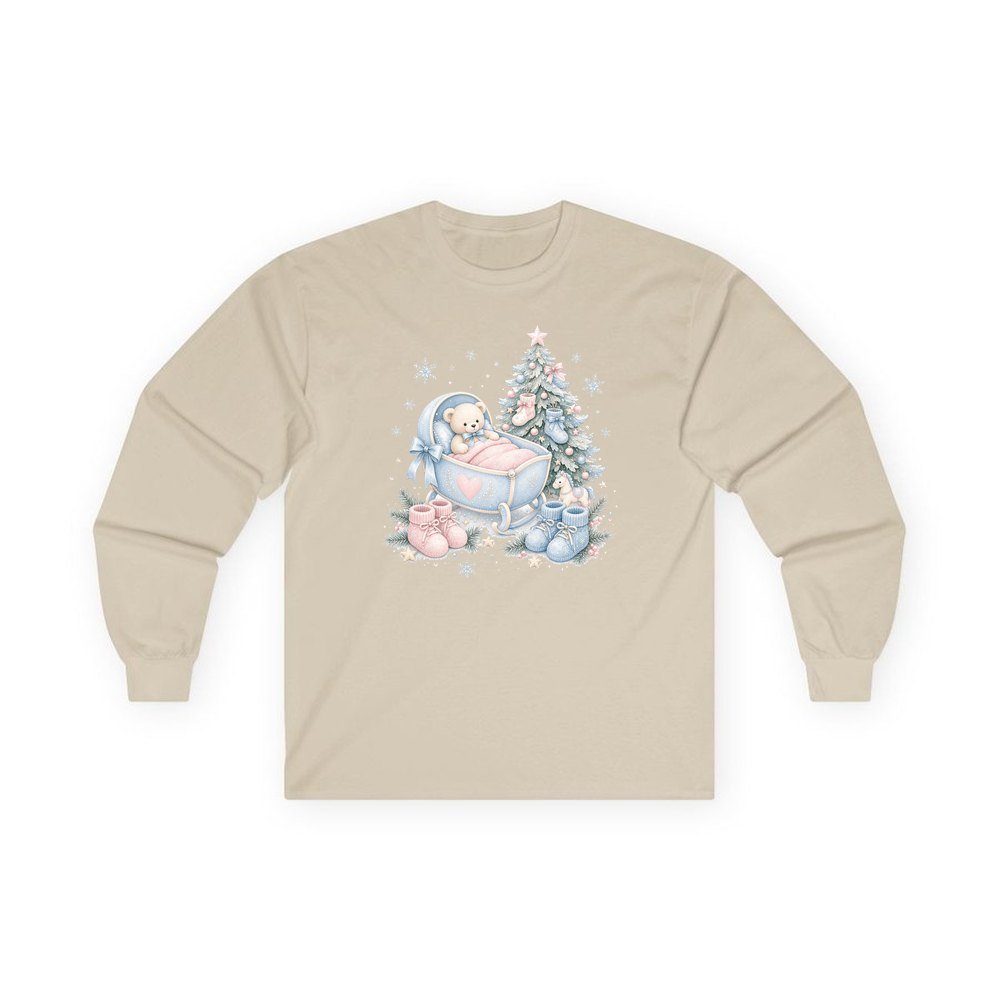 Baby's First Christmas Cot and Tree personalised long sleeve Christmas T-shirt in sand