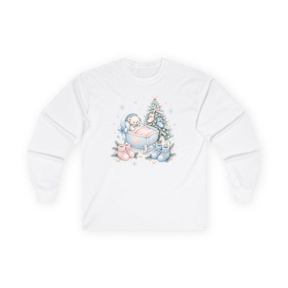 Baby's First Christmas Cot and Tree personalised long sleeve Christmas T-shirt in white