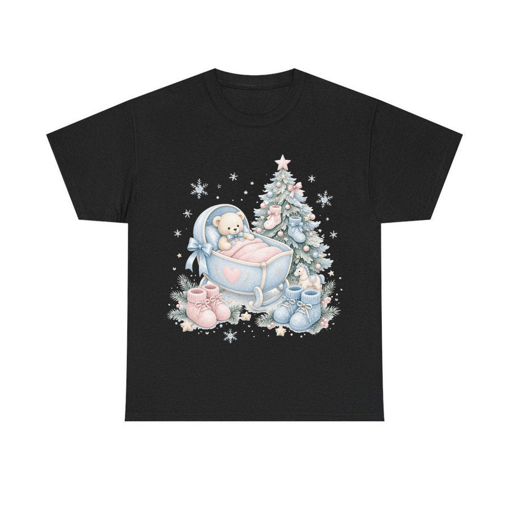 Baby's First Christmas Cot and Tree personalised Christmas T-shirt in black