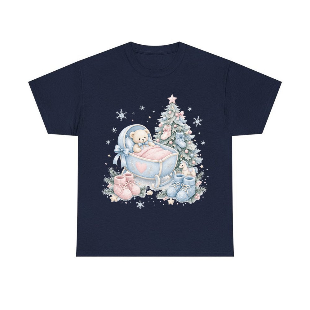 Baby's First Christmas Cot and Tree personalised Christmas T-shirt in navy