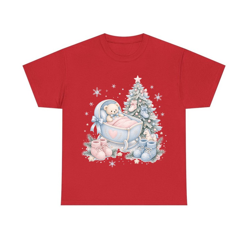 Baby's First Christmas Cot and Tree personalised Christmas T-shirt in red