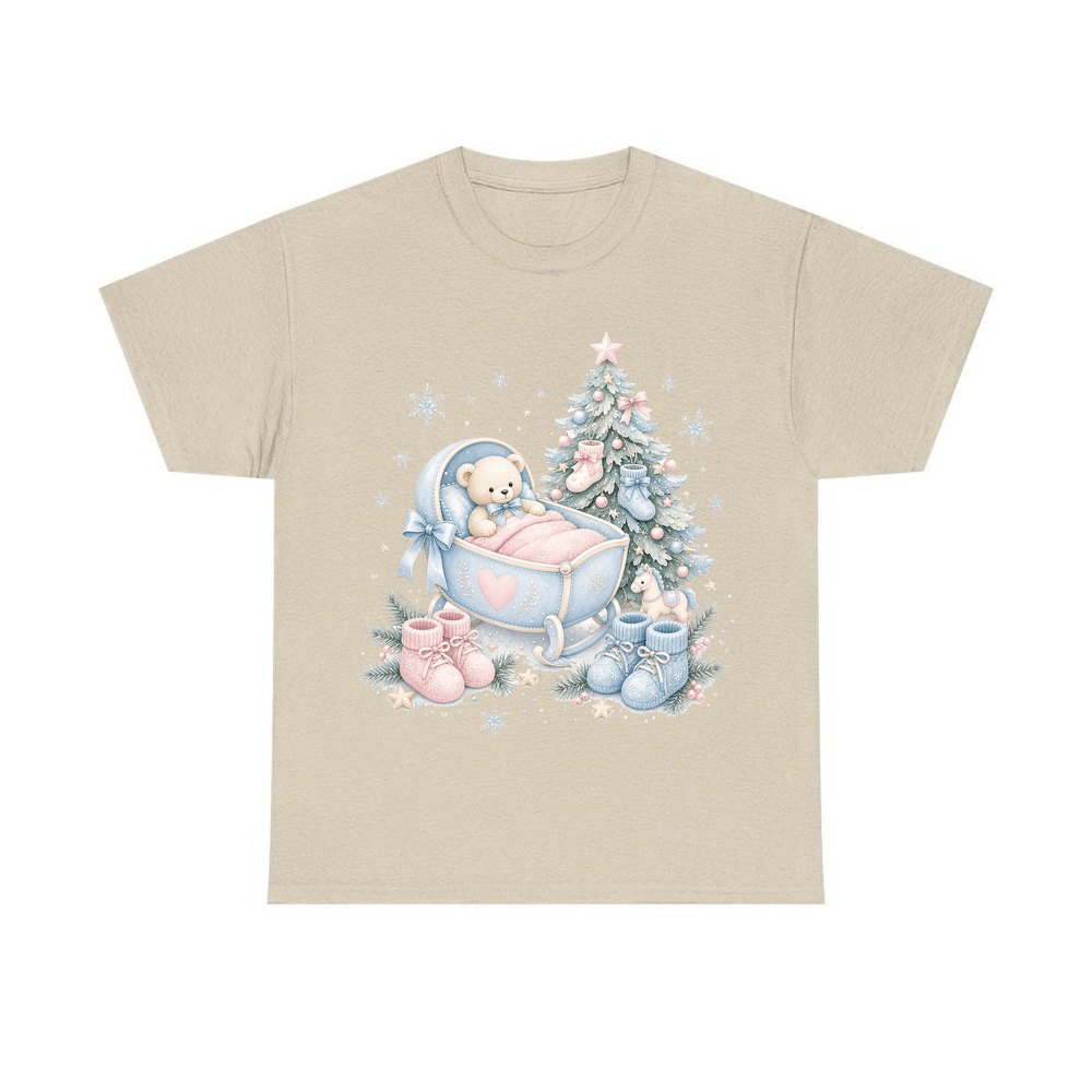 Baby's First Christmas Cot and Tree personalised Christmas T-shirt in sand