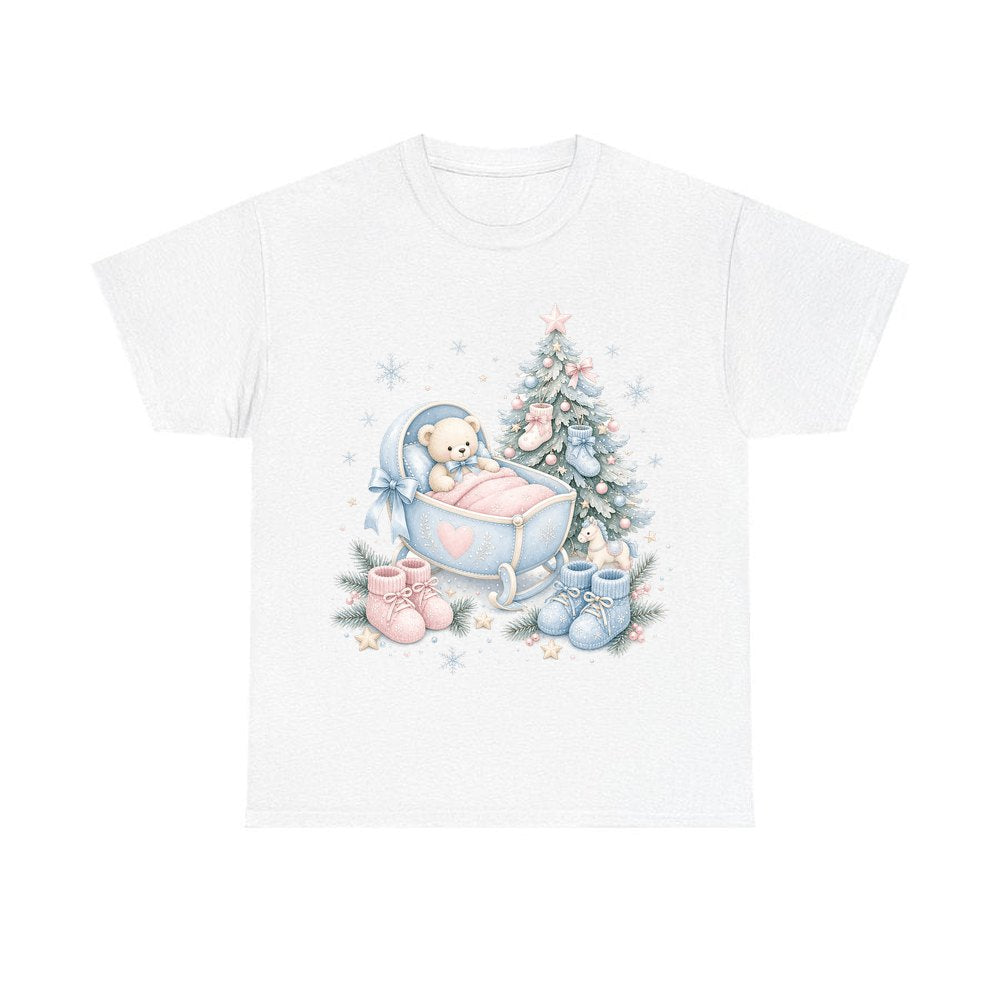 Baby's First Christmas Cot and Tree personalised Christmas T-shirt in white