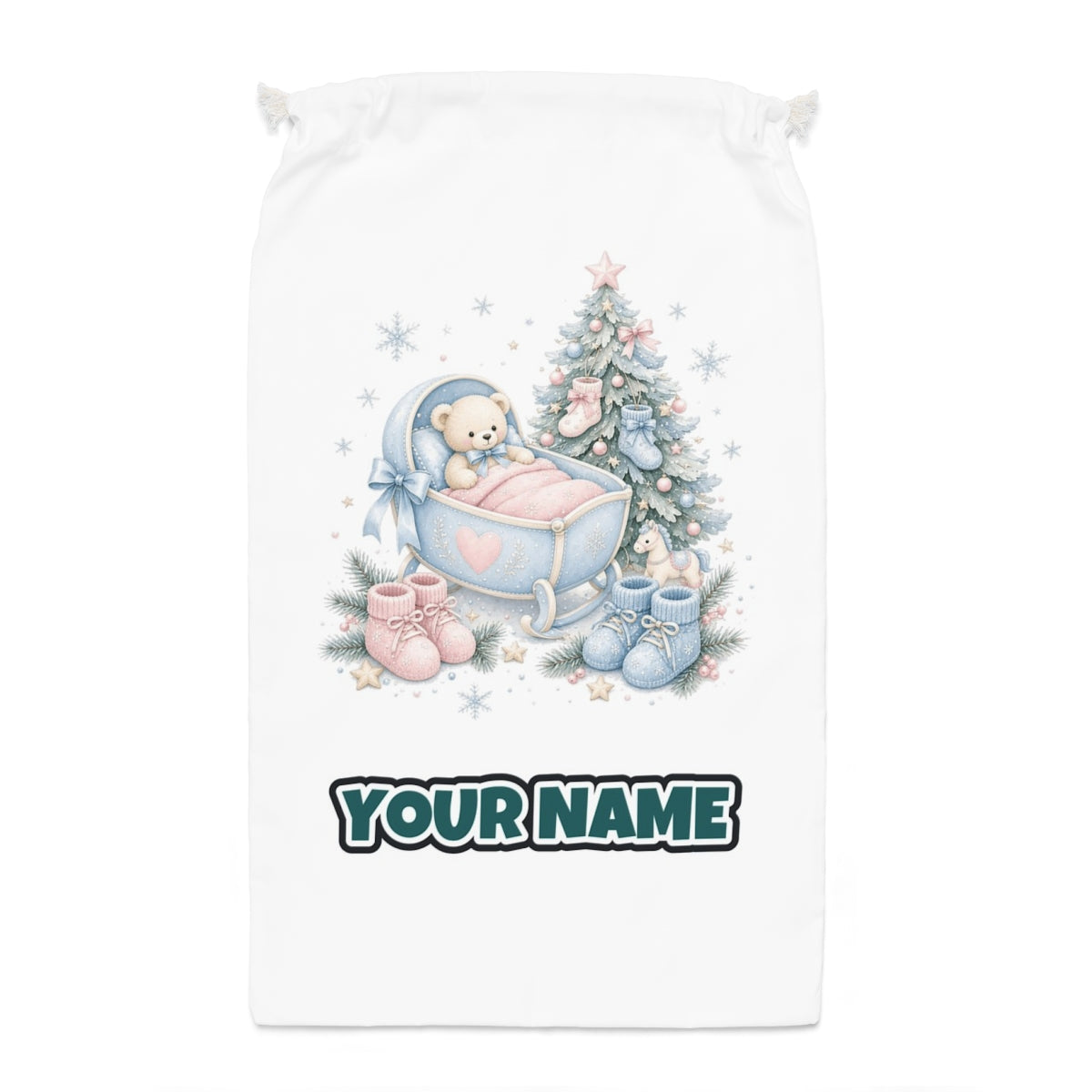 Baby's First Christmas Cot and Tree Santa sack laid flat, showing the full print