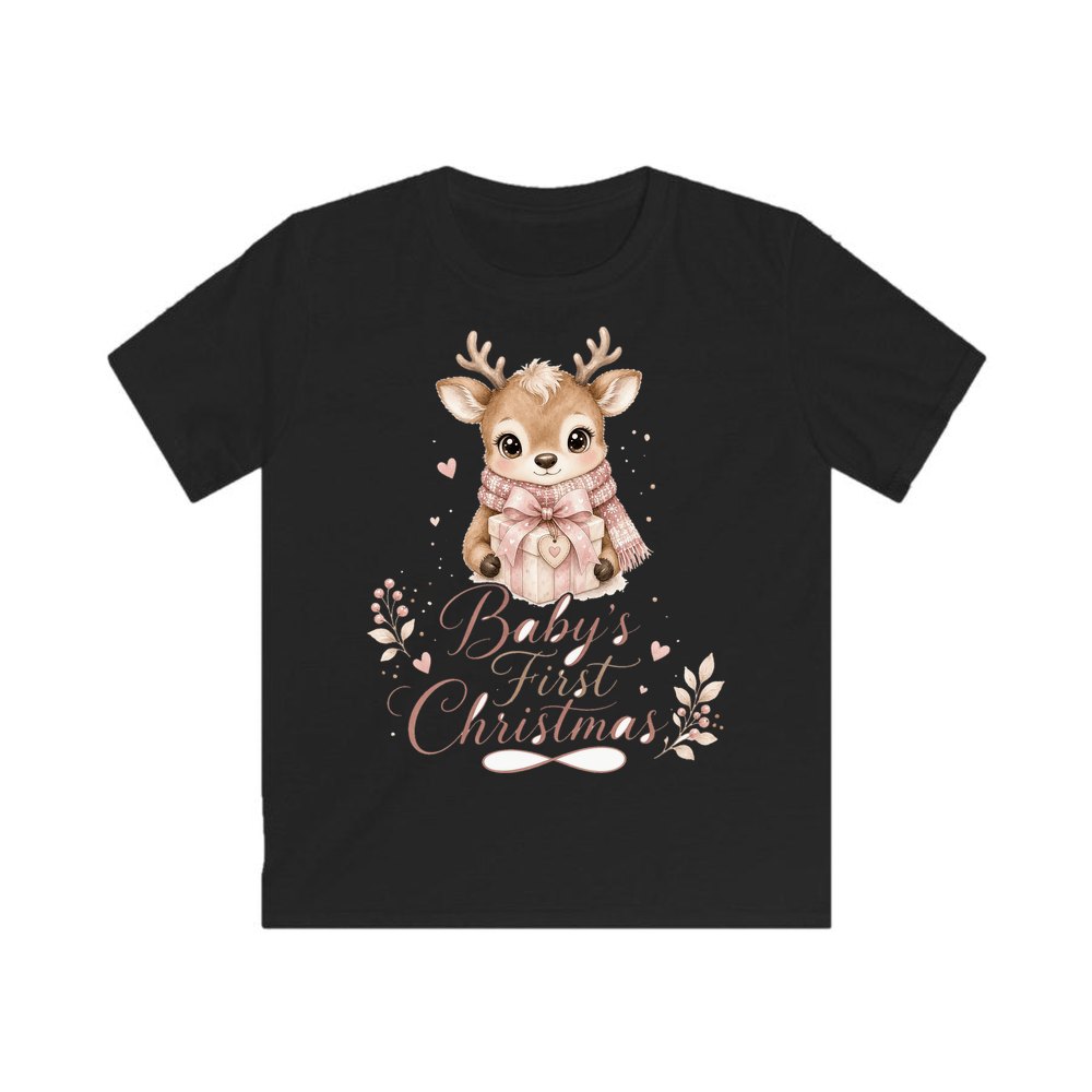 Baby's First Christmas Fawn personalised kids Christmas tee in black