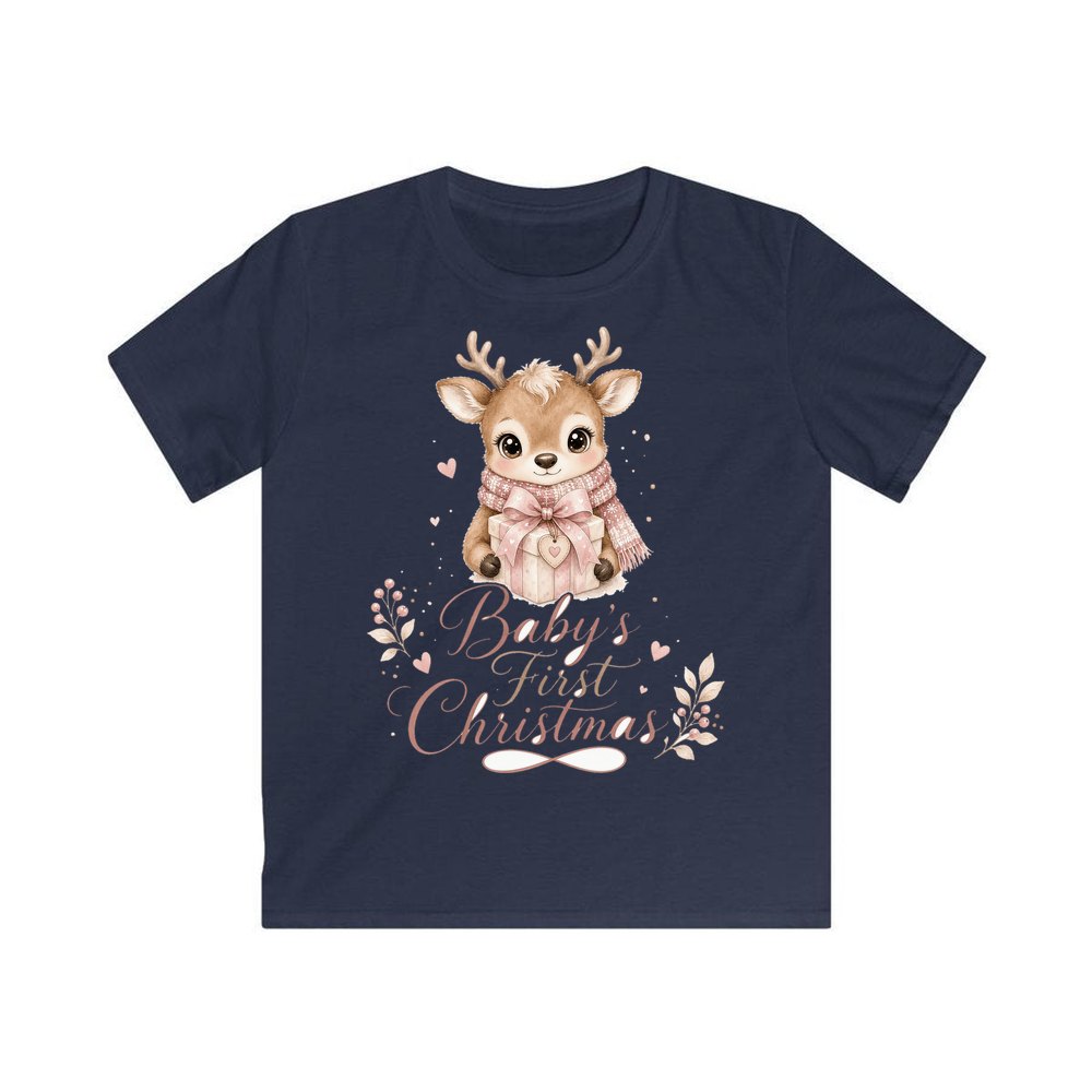 Baby's First Christmas Fawn personalised kids Christmas tee in navy