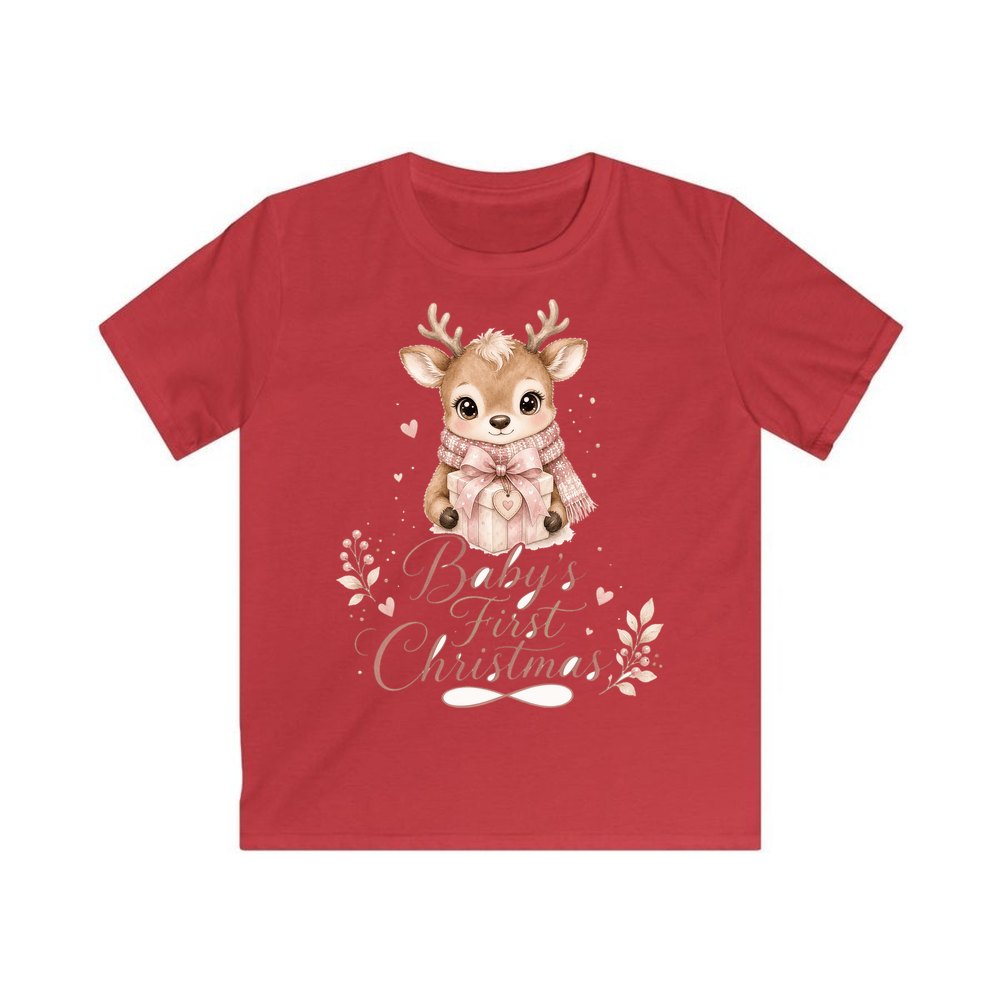 Baby's First Christmas Fawn personalised kids Christmas tee in red