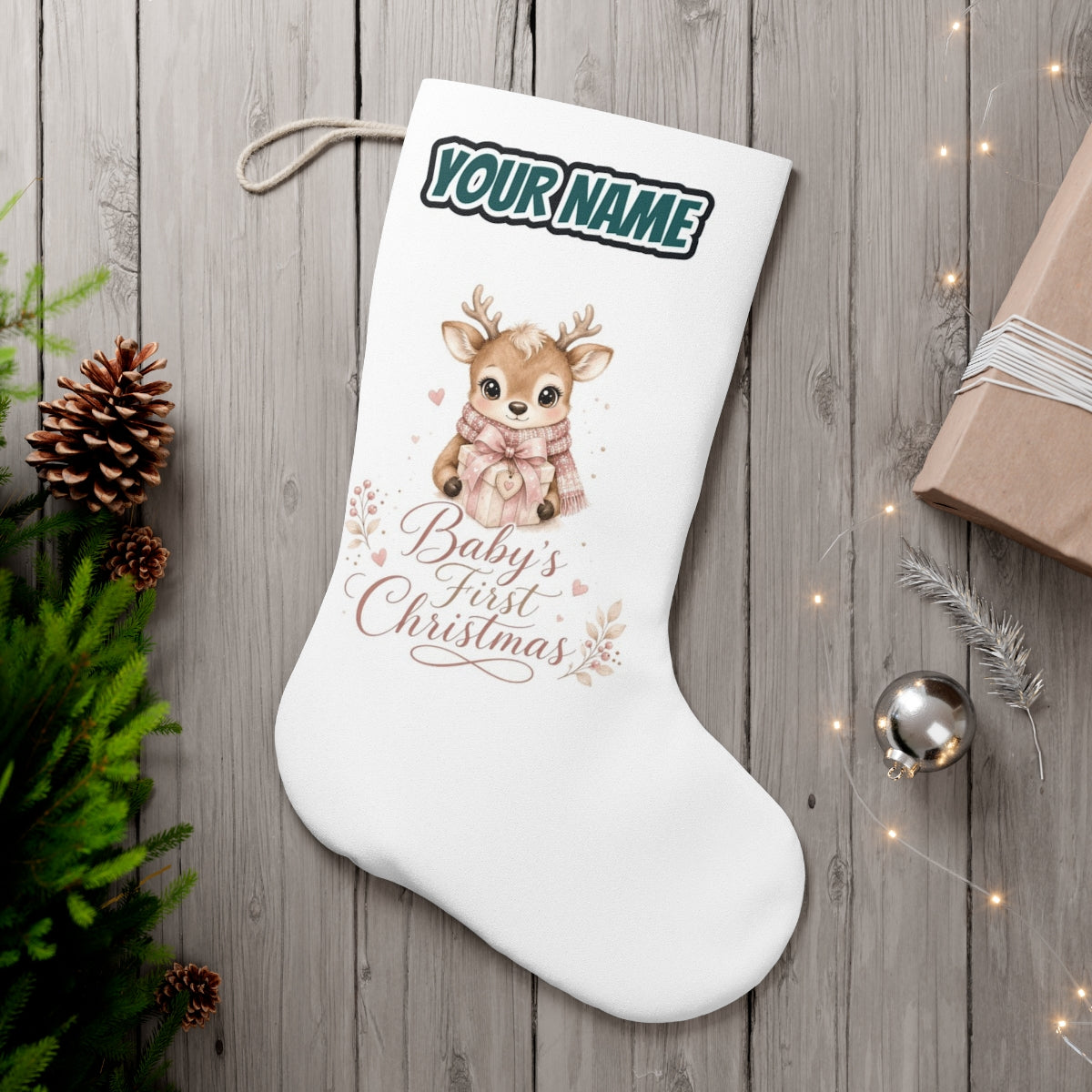 Baby's First Christmas Fawn personalised Christmas stocking, white, with the name across the top