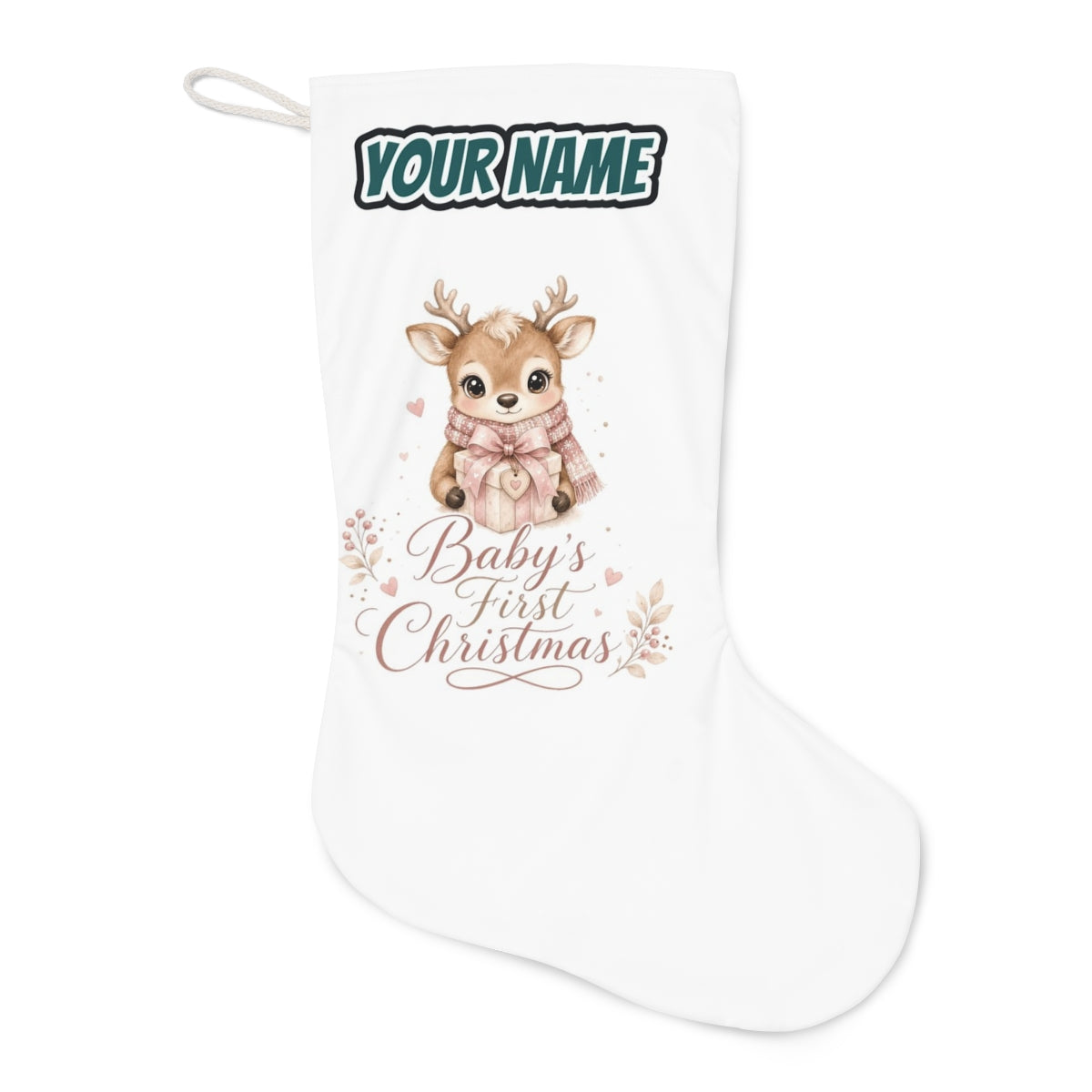 Baby's First Christmas Fawn Christmas stocking laid flat, showing the full print