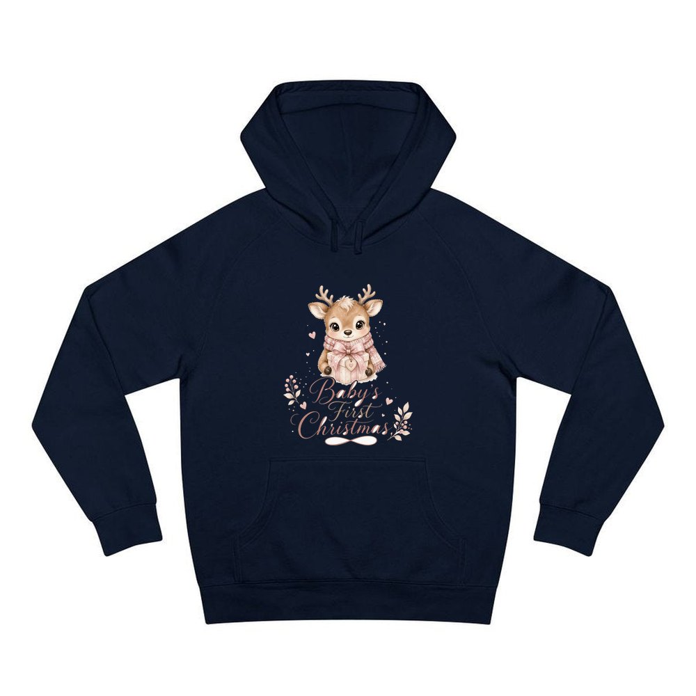 Baby's First Christmas Fawn personalised Christmas hoodie in navy