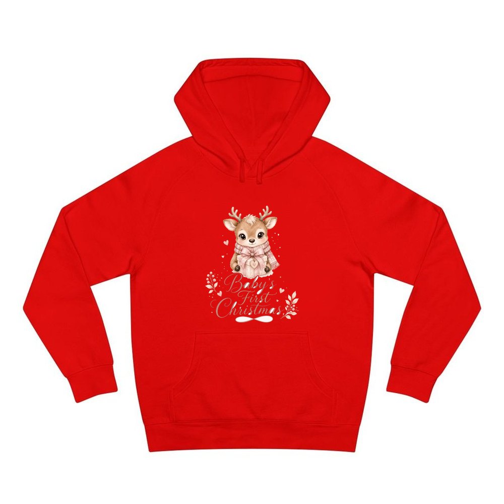 Baby's First Christmas Fawn personalised Christmas hoodie in red