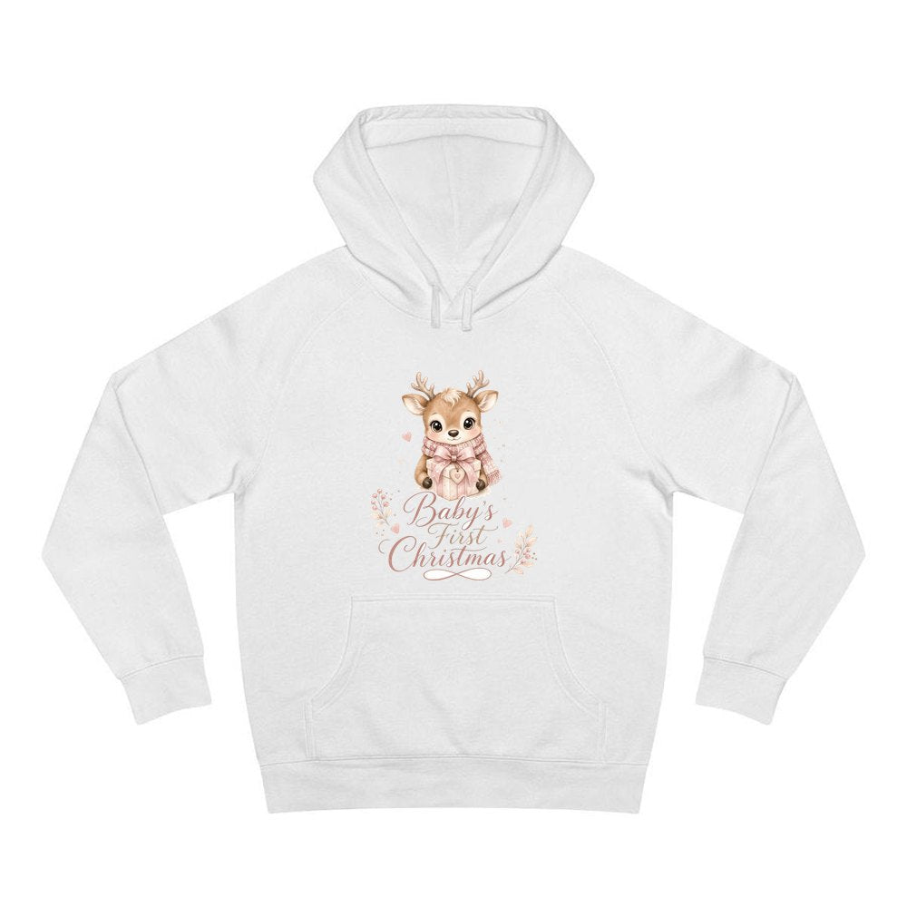 Baby's First Christmas Fawn personalised Christmas hoodie in white