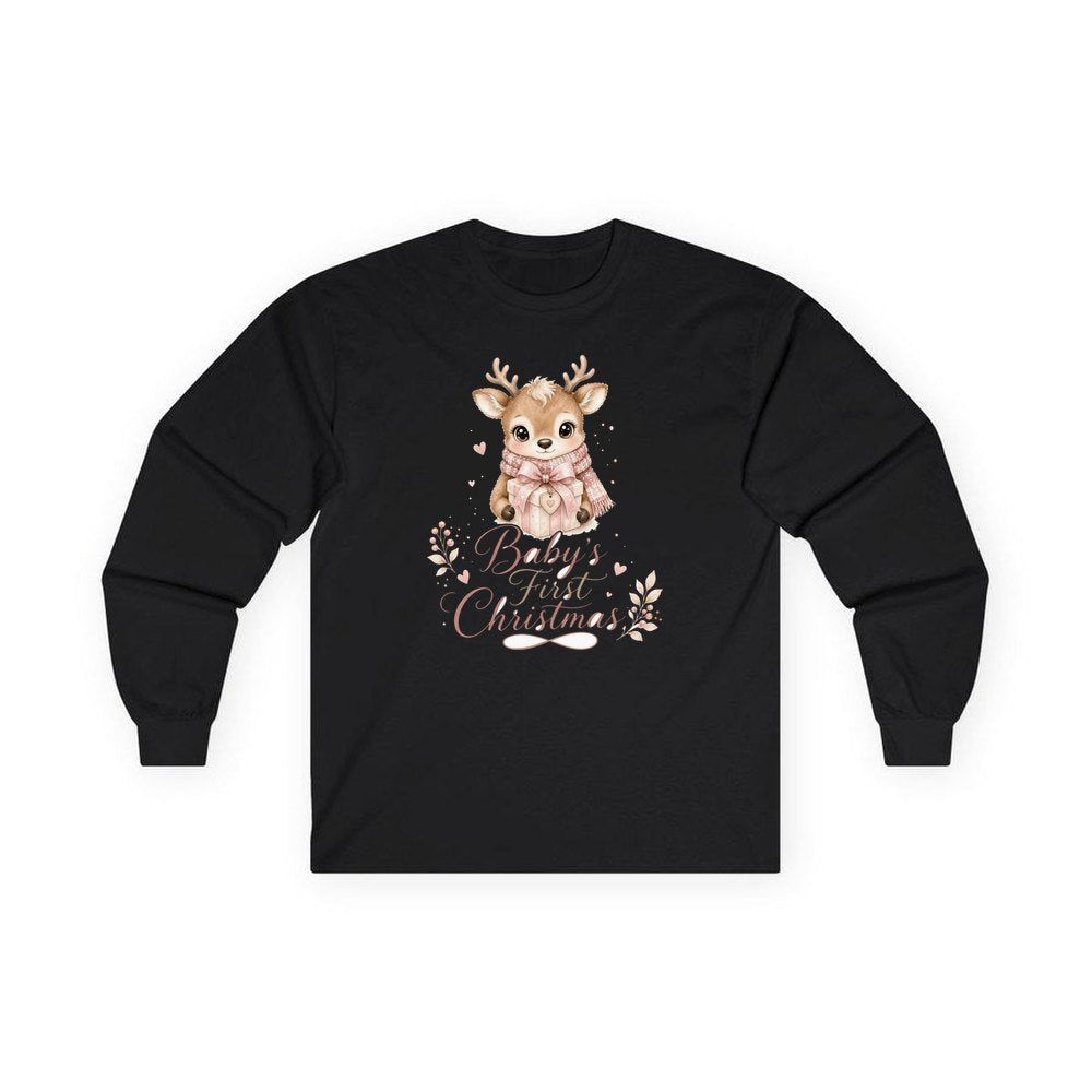 Baby's First Christmas Fawn personalised long sleeve Christmas T-shirt in black