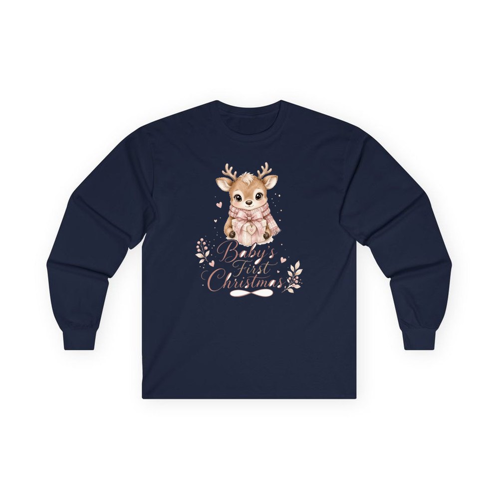 Baby's First Christmas Fawn personalised long sleeve Christmas T-shirt in navy