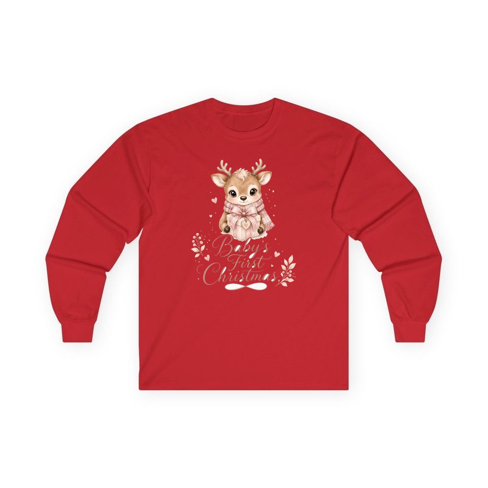 Baby's First Christmas Fawn personalised long sleeve Christmas T-shirt in red