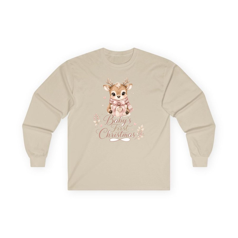 Baby's First Christmas Fawn personalised long sleeve Christmas T-shirt in sand