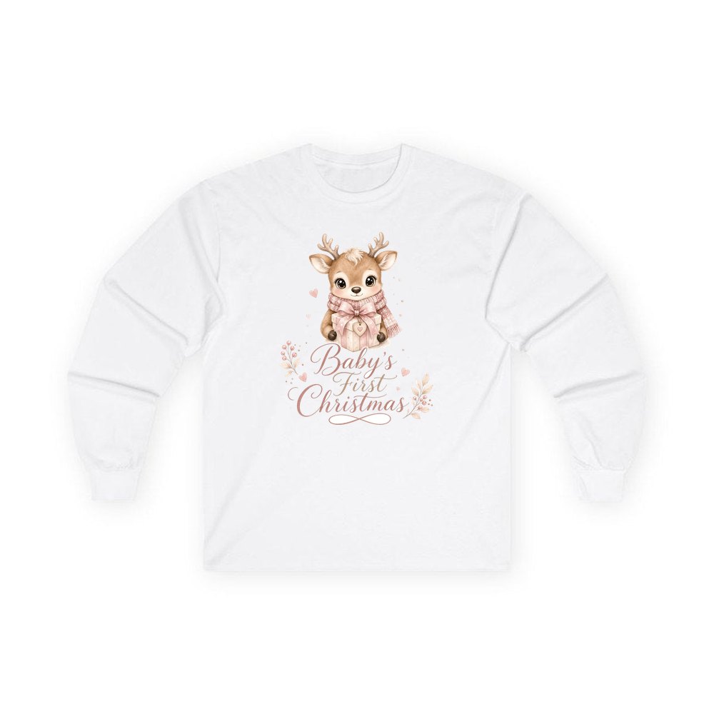 Baby's First Christmas Fawn personalised long sleeve Christmas T-shirt in white