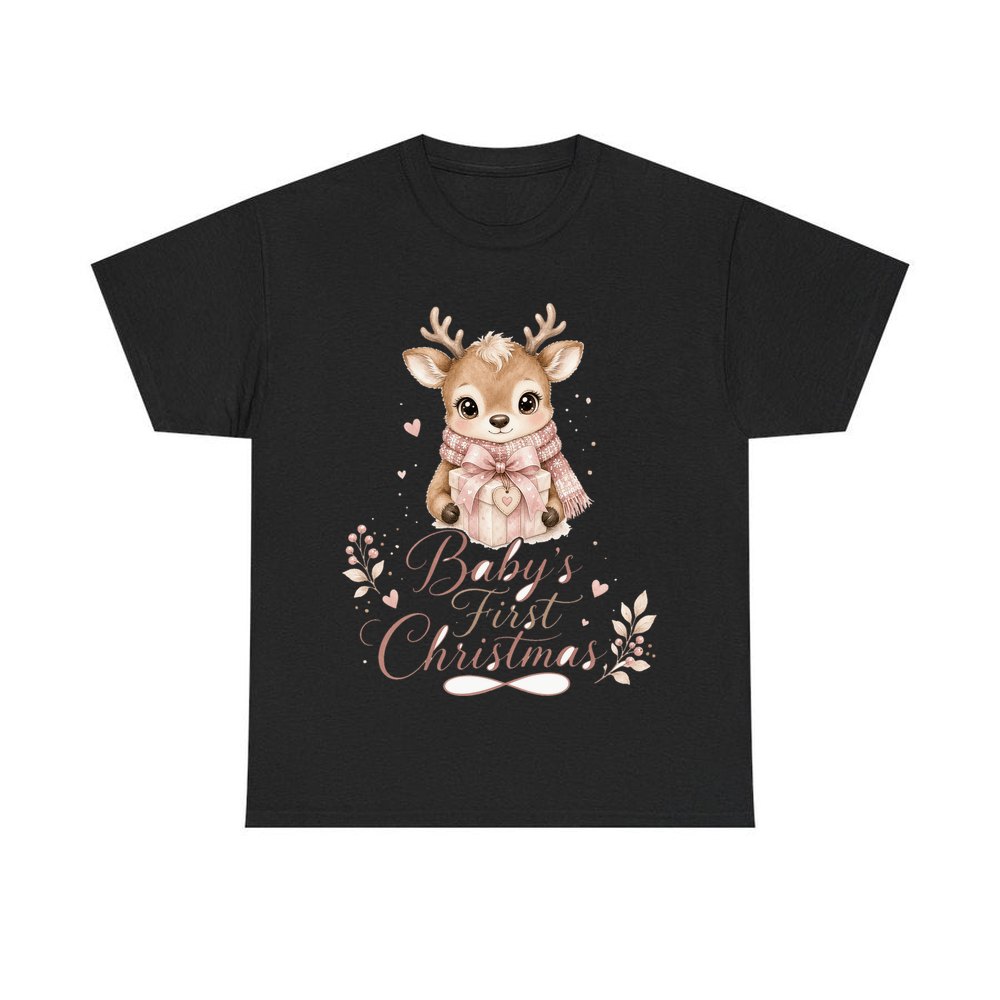 Baby's First Christmas Fawn personalised Christmas T-shirt in black