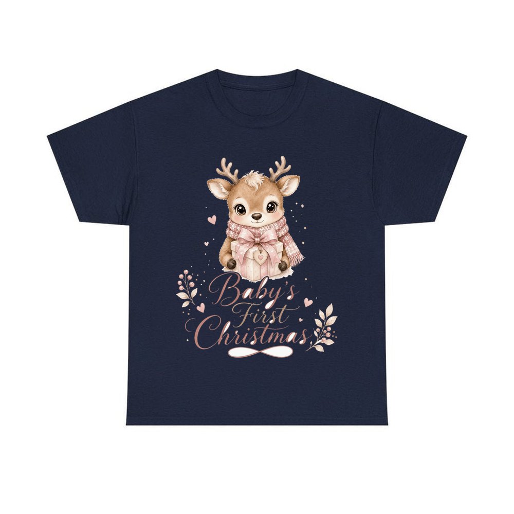 Baby's First Christmas Fawn personalised Christmas T-shirt in navy