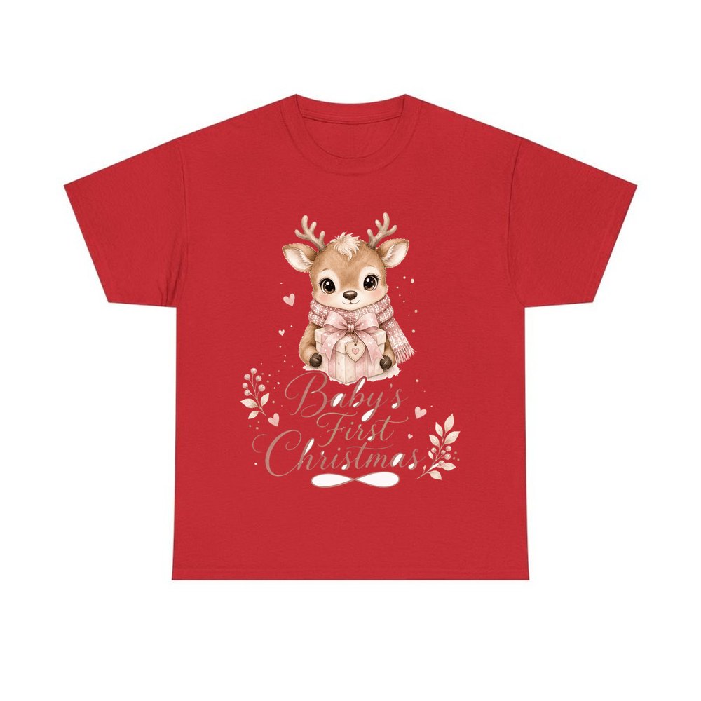Baby's First Christmas Fawn personalised Christmas T-shirt in red