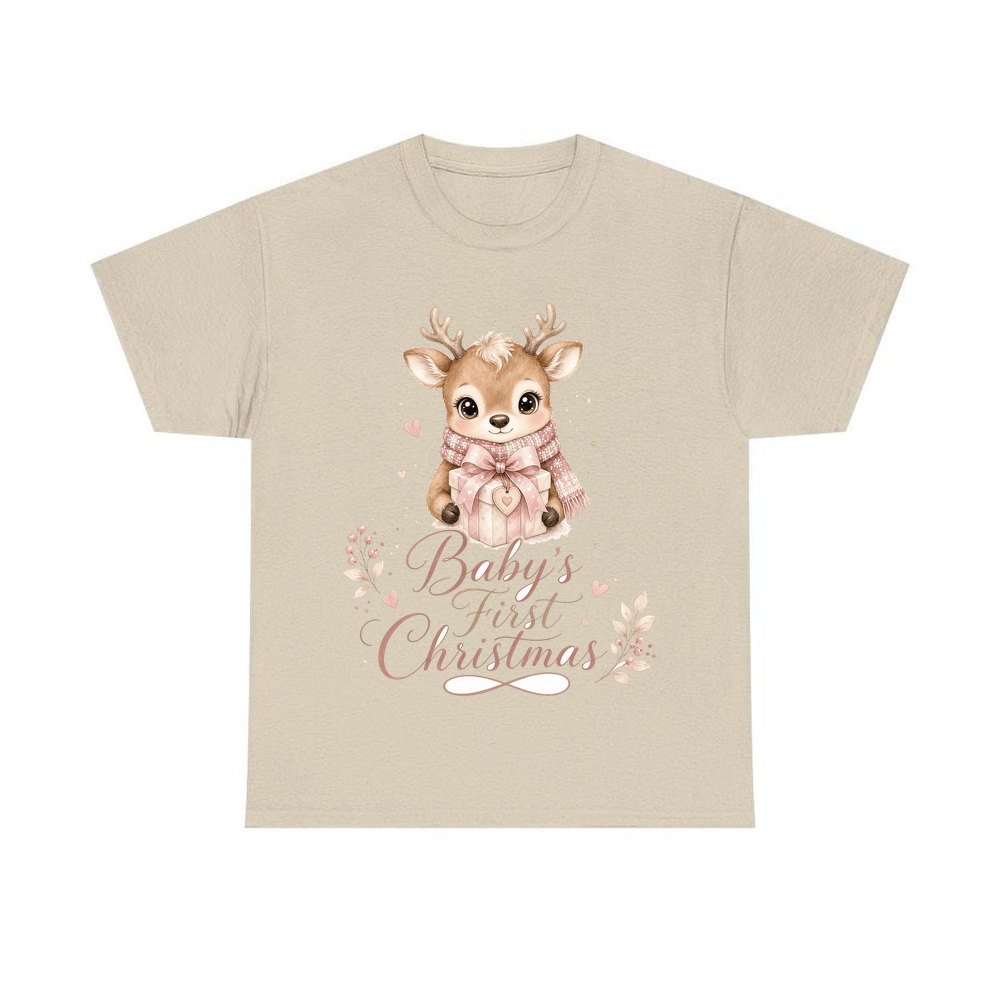 Baby's First Christmas Fawn personalised Christmas T-shirt in sand