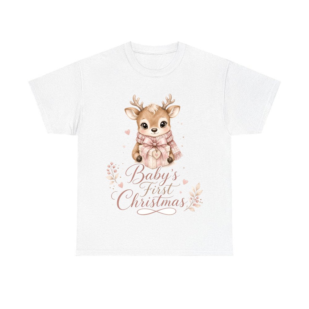 Baby's First Christmas Fawn personalised Christmas T-shirt in white